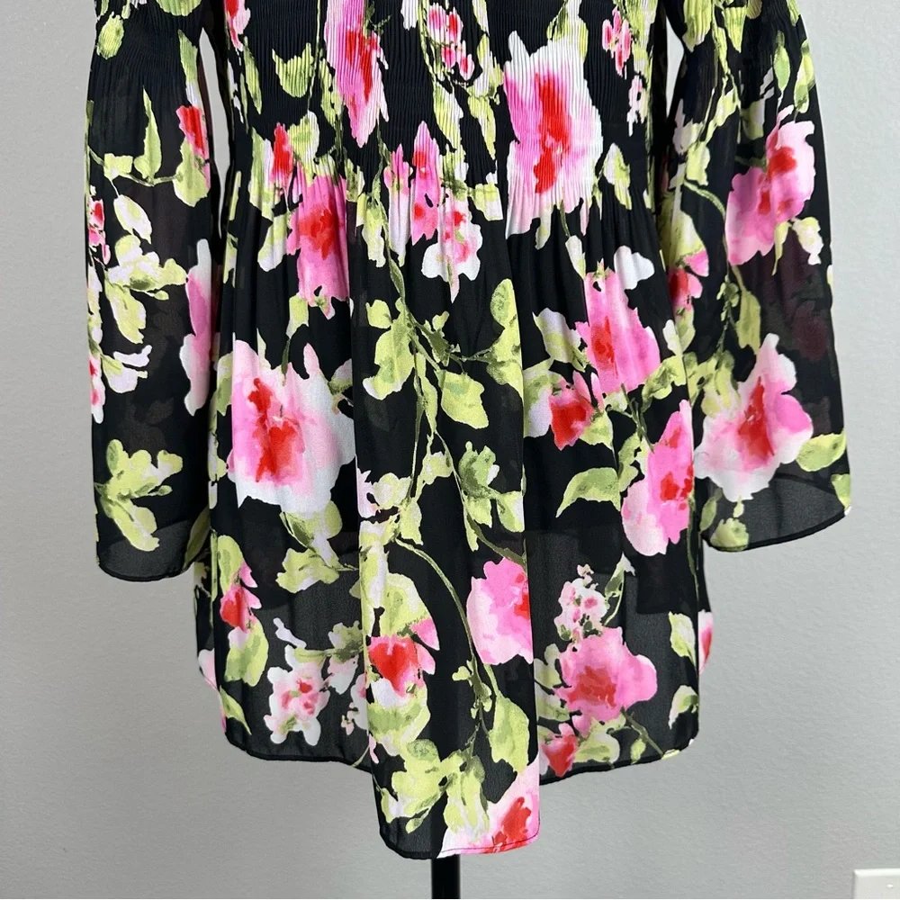 Floral & Ivy Floral Top Sz Large Sheer Pleated Stretch Flare Sleeve Peasant Boho - Picture 10 of 14